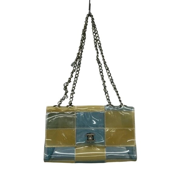 Auth CHANEL Chocolate Bar - Light Blue Beige PVC Shoulder Bag - Picture 1 of 14